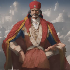 white beared powerful Indian maharaja, king, ultra photo realistic, high qualtity, 8k , magic,no_humans,scenery