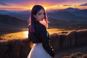 from above, from behind, cowboy shot, turn to look at viewer, (1girl:1.2), (purple hair:1.2), long hair, yellow eyes, black jacket, white dress, arms behind, (backlighting:1.2), glowing eyes, Dawn and dusk, sunset, twilight, (gradient sky:1.3), (dark sky:1.14), red sky, orange sky, pink background, outdoors, sun above horizon, (white border:1.5), (purple flower:0.7)
