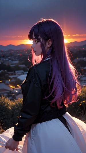 from above, from behind, cowboy shot, turn to look at viewer, (1girl:1.2), (purple hair:1.2), long hair, yellow eyes, black jacket, white dress, arms behind, (backlighting:1.2), glowing eyes, Dawn and dusk, sunset, twilight, (gradient sky:1.3), (dark sky:1.14), red sky, orange sky, pink background, outdoors, sun above horizon, (white border:1.5), (purple flower:0.7)
