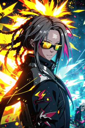 guiltys, happy, a girl, pixel glasses on, gray dreads hair, showing love, upper body, deal with it, (bokeh:1.1), depth of field, style of Anne Bachelier, tracers, vfx, splashes, lightning, light particles, electric, yellow background