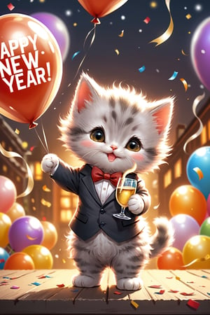 Grey kitten holding a balloon with the word's "Happy New Year", wearing a suit , drinking champagne, party, balloons, fireworks, highly detailed background, best quality, masterpiece,happy,Xxmix_Catecat,