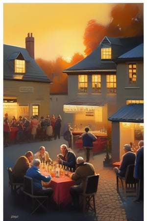 greg rutkowski (masterpiece, best quality), a village celebration, people sitting at table's drinking (beer, wine) lot's of bunting, golden hour, sunset, autumn 