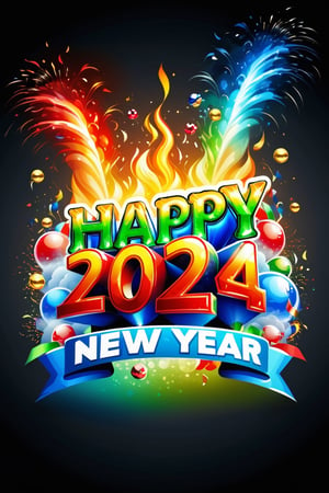 "Happy New Year 2024" text logo, red, blue, yellow, green, smoke, flames, fire, swirling, champagne bubbles in the background, celebration ,Text, best quality, masterpiece 