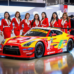 A stunning SUPERGT car takes center stage in a sleek exhibition hall, surrounded by beautiful women dressed in vibrant summer attire as part of a captivating collaboration. The race queens confidently pose beside the matte-finish vehicle, their bright colors and charming smiles drawing attention to the dynamic duo.