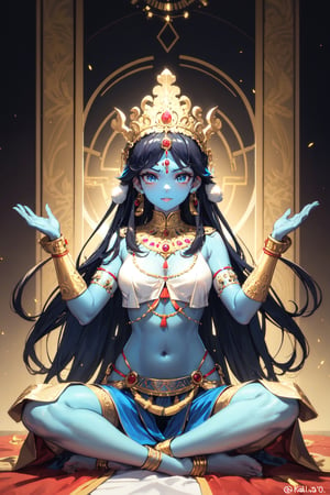 Kali Indian goddess, blue skin, four hands, 4 arms, gold ornaments, Indian crown, long hair, erotic pose, attractive body 