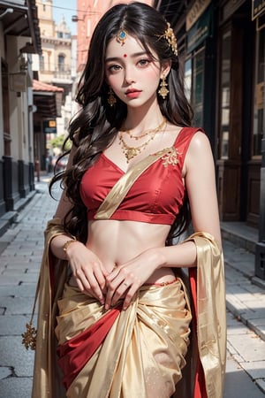 (masterpiece:1.4, best quality), (intricate details),ultra detailed, (pastel colors:1.3), perfect face, beautiful and aesthetic, edgNoire, Indian Saree, red Saree, golden stripping on Saree, white blouse, gold necklace, Indian girl 