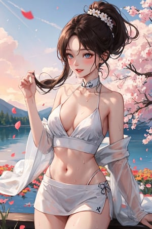 1girl, beautiful eyes, parted lips, blush, makeup, light smile, lake, (flower field background), flower petals flying, sky, beautiful sky, colorful sky, clouds, trees, sweat skin, wet skin, light rays, glow, thighs, collarbone, narrow waist, (masterpiece), ponytail, smiling, collarbone, narrow waist, medium breasts, sexy body, wallpaper,cheongsam,clevage