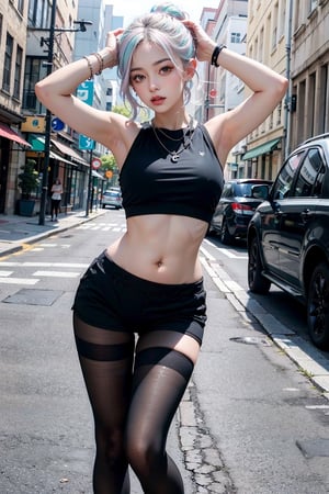 (masterpiece:1.4, best quality), (intricate details),ultra detailed, (pastel colors:1.3), perfect face, beautiful and aesthetic, edgNoire, black top, black shorts, black pantyhose, sports shoes, sleeveless top, exposed belly, arms up, belly piercing, piercing on belly, pierced belly, large bracelet, chain necklace, standing ,on backstreet 