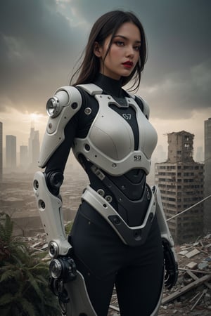 A girl, caucasian, raw photo, best quality, masterpiece, (Realistic:1.6), dressed in a fierce warrior-like robotic exoskeleton suit with intricate futuristic patterns, Ultra-detailed, soft light, 80 mm, f22. A post-apocalyptic cityscape with crumbling buildings and overgrown vegetation creates a dystopian atmosphere. Trending on Art Station Pixel for its evocative storytelling, high detail, and aesthetic appeal. SLR camera, complex details.