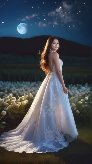 Best quality, masterpiece, photorealistic, ultra high res, 8K raw photo, 1girl, beautifull face, long hair, long lace dress, luxury dress, high heels, smiling, standing on flower field, in the night time, moonlight, full-body_portrait, detailed skin, pore, low angle, detailed background, dim lighting, finely detailed, 8k uhd, dslr