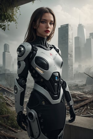 A girl, caucasian, raw photo, best quality, masterpiece, (Realistic:1.6), dressed in a fierce warrior-like robotic exoskeleton suit with intricate futuristic patterns, Ultra-detailed, soft light, 80 mm, f22. A post-apocalyptic cityscape with crumbling buildings and overgrown vegetation creates a dystopian atmosphere. Trending on Art Station Pixel for its evocative storytelling, high detail, and aesthetic appeal. SLR camera, complex details.