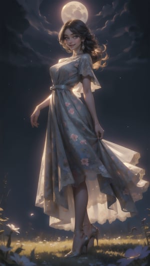 Best quality, masterpiece, photorealistic, ultra high res, 8K raw photo, 1girl, beautifull face, long hair, long lace dress, luxury dress, high heels, smiling, standing on flower field, in the night time, moonlight, full-body_portrait, detailed skin, pore, low angle, detailed background, dim lighting, finely detailed, 8k uhd, dslr
