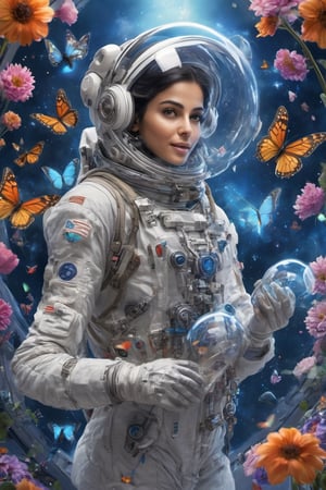 1 Persian Woman, in high-tech space suit, through transparent visor, looking relieved,
Beautiful face seen through transparent visor, white gloves, intricate blue mechanical vials, interior of spaceship decorated with flowers, large amount of
flowers, (holding a jar with butterflies in it), elaborate spaceship background,astronaut_flowers