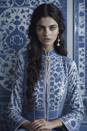  , cinematic  moviemaker style, uhd,18-year-old beautiful Persian  girl ,with oriental chinese style broken blue and white porcelain pattern,serene,portrait photography by tim walker, fashion editorial,accent lighting,cinematic,photorealistic,octane render,HD 8K DSLR,sharp focus,depth of ,detailmaster2