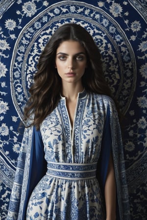 cinematic moviemaker style, high fashion editorial, photorealistic || young Persian woman, 18-20, serene expression || flowing dress/top, meticulously recreated Ming Dynasty broken blue and white porcelain pattern || dramatic accent lighting, highlighting face and dress || UHD 8K DSLR, sharp focus, depth of detail master || inspired by Tim Walker's portraiture || subtle Persian cultural elements, jewelry, background pattern ||,more detail XL,photo r3al, cinematic moviemaker style,FilmGirl||,Persian rug