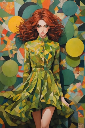 Create abtract picture, where the beautiful Persian woman will center of composition, Create her as ginger girl with green eyes, she wear beautiful olive dress with inticate geometry ornament and fashion high heels. We see subject from behind. Male her haircut is fashion and elegant. Use abtract style, surrealism, zentangle, vibrant colors. Picture should be oil painted, viewer should think that as movie cover.,ANIME