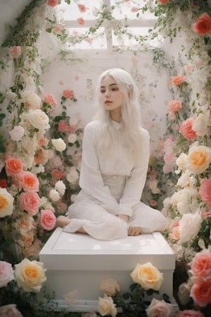 White-haired Persian girl sitting in white coffin,
Filled with roses, art by Rinko Kawauchi, naturalistic pose, youthful energy, cool expression, body extensions, flowers in the sky, analogue film, super detail, dreamy lofi photo, colourful, covered in flowers and vines, inside view,. FlowerStyle,r,hhc,interior,real_booster