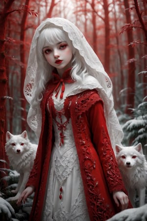 Deep in a magical forest,1 Persian girl, albino Little Red Riding Hood (and pure white large wolf), wrapped in an intricate red cloak decorated with delicate lace, Red Riding Hood Pure, Pure White Wolf standing by, Gosperson, Dal, Cnd.,InkyCapWitchyHat