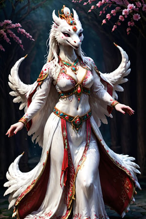  Persian white swan, adorned in a Persian -inspired belly dance costume captivates with its elegance,The costume features flowing silk fabrics in vibrant colors, intricately embroidered with traditional Chinese motifs such as dragons, phoenixes, and cherry blossoms. The swan's movements are fluid and mesmerizing, accentuated by the shimmering sequins and beaded embellishments adorning the costume. With each graceful sway and delicate step, the swan embodies the beauty and grace of both Chinese culture and the majestic bird it represents.,secret,ElegantSwanEntity