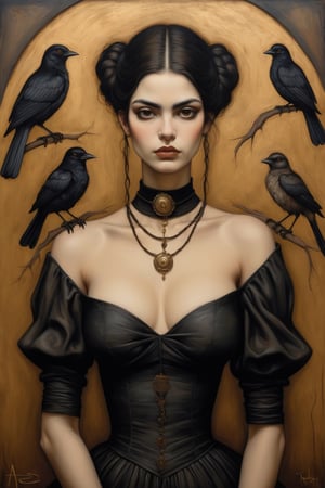 image is an ((oil painting on canvas)) depicting a portrait of a young goth Persian woman with a (neutral expression), style of Leonardo da Vinci and rene Magritte. She has (dark hair) adorned with what appears to be a (black bird) with its wings spread. Her skin is pale, highlighted with touches of gold and brown, which match the (golden-brown textured background) that has an abstract quality. The woman's eyes are large and soulful, gazing directly at the viewer. She is wearing a (black dress) with a (choker), legs in stockings. The painting has a rustic yet elegant feel, with very broad expressive brushstrokes and visible canvas texture that add to the artistry of the work. steampunk, gothic portrait, painted in the style of esao andrews
