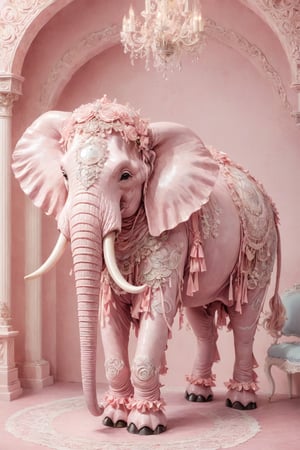 Picture a Persian mammoth transformed into a Pink Lolita masterpiece. Its massive frame draped in layers of frilly lace and satin ribbons, with delicate bows adorning its tusks and trunk. The mammoth's fur is dyed in soft pastel shades of pink and White, lavender, and baby blue, creating a whimsical and enchanting appearance. As it roams through the prehistoric landscape, the Pink Lolita mammoth radiates charm and elegance,