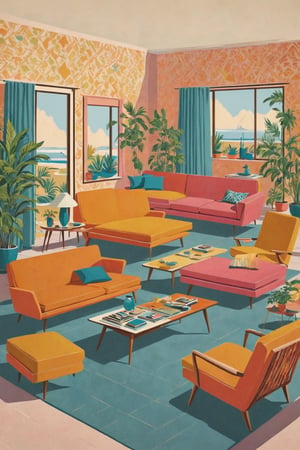 Mid century 50s Persian living room,,Flat vector art,pencil sketch