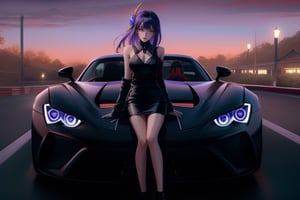raidenshogundef cute young girl leaning on a sports car, black short dress, fantasy eyes, colorful, imperfect, beautiful, 