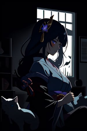 raidenshogundef beautiful girl looks mysterious in a house with broken windows and cats of black color, super detailed, frosted