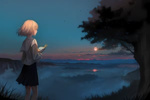  girl with a book standing on a cliff looking at the vast dreamy dawn sky, colorful, imperfect, beautiful