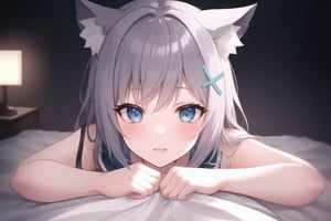 shirokodef, (1girl), nude, (huge ass:0.5), ( big milking breasts:0.6), hands tied to bed, on bed, sexy night dress, loving face,rarely nipples visible, cute girl, pink realistic vagina, human hands, cinematic light, romantic mood, portrait, super detailed, cinematic lighting