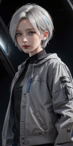 (realistic: 1.2), (masterpiece, best quality, extremely detailed), (beautifully detailed face, beautifully detailed eyes, volumetric lighting) | 1Girl, Solo | Age 35, (white-gray hair, blue eyes: 1.4), small breasts, wild stylish bob undercut | with a futuristic space jacket