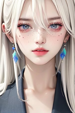 A free-spirited girl with big black eyes, freckles, and long, wavy, pastel white hair, big_boobs,  (detailed background), (beautiful detailed face, beautiful detailed eyes), High contrast, (best illumination, an extremely delicate and beautiful),HDR of 1.4, 
Outfit: She dresses in a flowy and artistic ensemble, donning a tie-dye maxi dress with layered bohemian accessories.,Cinematic pink and blue filter
Accessories: Her accessories include dreamcatcher-inspired earrings and a canvas bag for her art supplies. tight suit, Darf Punk wlop glossy skin, ultrarealistic sweet girl,  holographic, holographic texture, the style of wlop, space, stands on a pedestal ,ph_katou,weiboZH,yorha no. 2 type b