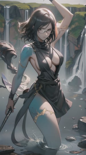 A detailed illustration of a ninja skillfully wielding a sword, surrounded by a serene landscape with a flowing river and waterfalls. The cinematic lighting and 3D render create a realistic and dynamic effect, while the ethereal background adds a touch of mystery to the artwork., big_boobs,  The ninja's expressionless face and sharp focus on the character emphasize her mastery of the art of war. tattoo, glasses.,black hair,queen marika
