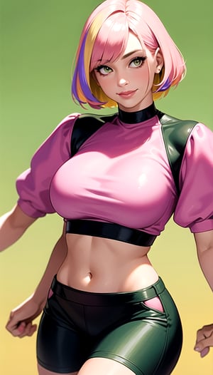 Girl wearing a crop top, smile, looking at viewer, large breasts, short hair,pink hair,streaked hair,multicolored hair,yellow eyes,photo, realistic, masterpiece, best quality, super detail, (soft green background),1girl
