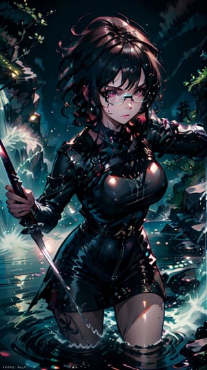 A detailed illustration of a ninja skillfully wielding a sword, surrounded by a serene landscape with a flowing river and waterfalls. The cinematic lighting and 3D render create a realistic and dynamic effect, while the ethereal background adds a touch of mystery to the artwork., big_boobs,  The ninja's expressionless face and sharp focus on the character emphasize her mastery of the art of war. tattoo, glasses.,black hair,queen marika,terayama reiko,Detailedface,Kafka(hsr)