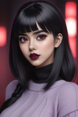 (((masterpiece:1.2))) anime style, cartoon, comic, anime comic, medium dark colors, soft tones, lighting details, 1girls, original_character,vampyr,glowing red eyes, fangs teeth ,black painted lips, pastel purple eyes, long black hair dark gray background, short-hair bangs, defined eyebrows, surreal,dal,virgin destroyer sweater,highres