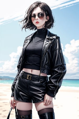 Color white as a woman half body with short hair and leather thigh clothes , light sunglasses , serious and iconic face

,Detailedface