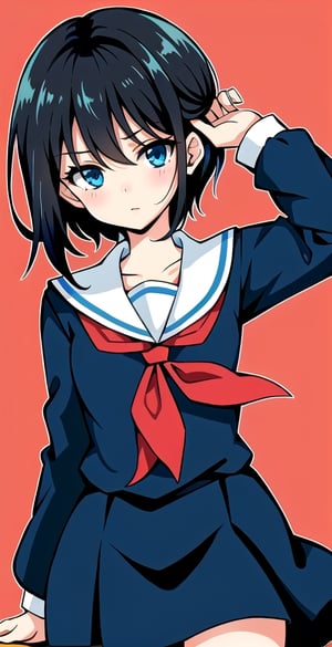 black hair, blue eyes, school background, solid outline, anime style