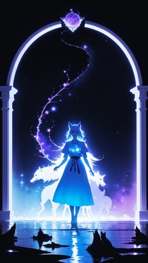 mythical doorway,1girl,(upper body:0.9),(gold eyes),inter-dimensional,witnessing greatness,mature female,spontaneous,deepness,(white ambience),creative,(silhouette:1.4),portrait,cosmic,(white dress),luxury,gold trim,effortless,wise,true,dark theme,darkness,righteousness,dark reflective water,ethereal,13,highest quality,best shadow,immaculate infrared,(ultra-violet),glass,(plants),bioluminescence,(planetary:0.8),light map,depth map,medium hair,floating hair,(particle dust),cinematic,(wolf ears),fluff,(maroon background:1.2),

