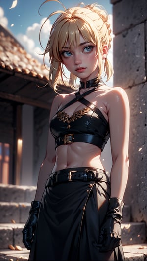 JinxLol,mature female,1girl, solo,looking at viewer, navel, gloves, fingerless gloves, character name, midriff, bare shoulders, looking at viewer, gun, crop top, belt,outdoors,phSaber