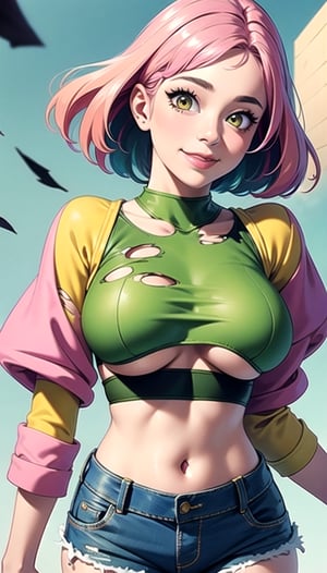 Girl wearing a crop top, smile, looking at viewer, large breasts, short hair,pink hair,streaked hair,multicolored hair,yellow eyes,photo, realistic, masterpiece, best quality, super detail, (soft green background),1girl
,High detailed ,torn clothes
