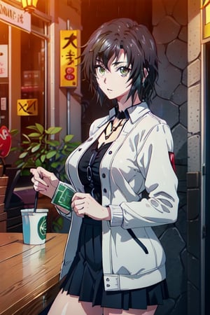 An 8k ultra-detailed CG wallpaper, Casca Drinking Coffee at Coffee shop while raining outside and cold ,realistic,paint swirls., facing camera, close up ,
adding a magical touch to the scene. white shirt, Tight_skin_legs, Good_anatomy, good framing, skrit, big_boobs,skirt, open shoulders, best quality, (extremely detailed CG unity 8k wallpaper,(realistic, photo-realistic:1.4),masterpiece, best quality, ultra-detailed, best shadow), (detailed background) (elegant wavy black hair), white drip jacket, Cityscape Japan, punk dragon aura, rap vibes, neck dragon tattoo, rapper necklace, gold rapper earings,xenovia quarta,masaki nonoka