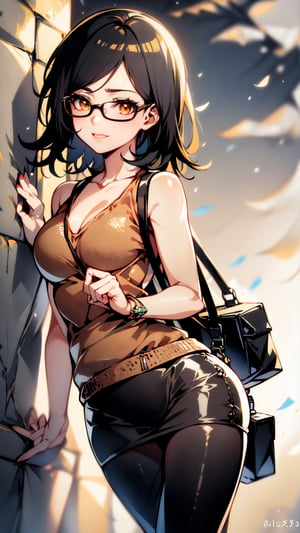 (winter background), (windy background), (best detailed), (best lighting), ( ultra-detailed), (best quality), 1woman, happy (white hair), bangs, long-hair, past-the-weste, beautiful breasts, (black glasses), (black tight hoodie sweater), (white skirt), leaning on the wall, (black leggings), (brown purse), clouds, ,sarada