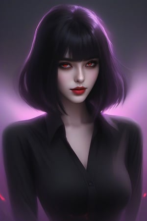 (((masterpiece:1.2))) anime style, cartoon, comic, anime comic, medium dark colors, soft tones, lighting details, 1girls, original_character,vampyr,glowing red eyes, fangs teeth ,black painted lips, pastel purple eyes, long black hair dark gray background, short-hair bangs, defined eyebrows, surreal,dal