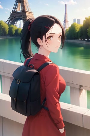 Girl with dark hair and long ponytail,  no hair on forehead, in short red dress with black backpack is staring at Eiffel Tower 