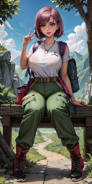 A nature-loving girl with  blue eyes, long flowing purple hair. She wears a practical yet stylish outfit, featuring cargo pants, a utility vest, and hiking boots. Her accessories include a compass necklace and a backpack filled with nature exploration gear. open_shoulders, open_legs, sitting_down,big_boobs 