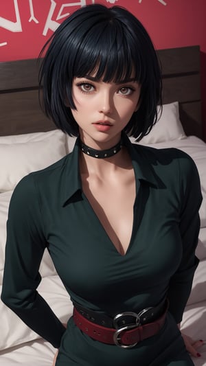 masterpiece, best quality, (detailed background), (beautiful detailed face, beautiful detailed eyes), absurdres, highres, ultra detailed, masterpiece, best quality, detailed eyes, upper body, 1_girl, cyberpunk scene, Tae Takemi, Persona 5 game, blue dark hair, pink lips, punkrock clothes, neck bone, messy bob cut, blunt bangs, brown eyes, red nails polish, short blue dress, black ripped leggings, short black jacket, red grommet belt, choker, midnight, at a bedroom background, sexy pose, erotic pose, alluring pose, mouth open, kinky pose, close-fitting clothing, arms_folded, crossed_legs_(lying), stripping, laying_down, bend_over,SAM YANG,fubuki\(one punch man\)