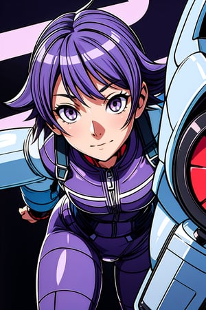 ultra detailed illustration, an adult woman with anime pilot plug suit, she has (grey eyes) and short purple hair, waist high shot, mecha pilot