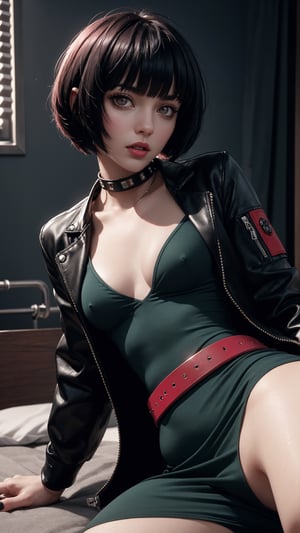 masterpiece, best quality, (detailed background), (beautiful detailed face, beautiful detailed eyes), absurdres, highres, ultra detailed, masterpiece, best quality, detailed eyes, upper body, 1_girl, cyberpunk scene, Tae Takemi, Persona 5 game, blue dark hair, pink lips, punkrock clothes, neck bone, messy bob cut, blunt bangs, brown eyes, red nails polish, short blue dress, black ripped leggings, short black jacket, red grommet belt, choker, midnight, at a bedroom background, sexy pose, erotic pose, alluring pose, mouth open, kinky pose, close-fitting clothing, arms_folded, crossed_legs_(lying), stripping, laying_down, bend_over