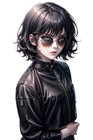 Color white as a woman half body with short hair and leather thigh clothes , light sunglasses , serious and iconic face

,Detailedface